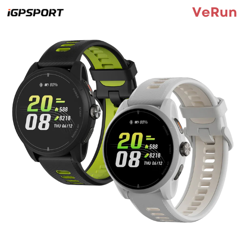 iGPSPORT VeRun GPS sport watch in gray with silicone band and magnetic charging dock