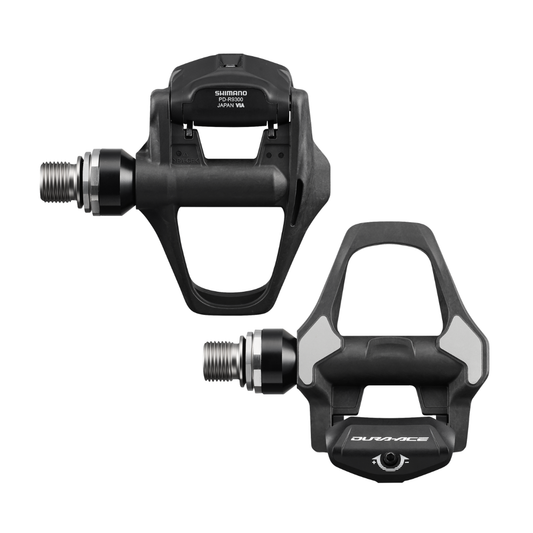 Shimano DURA-ACE PD-R9300 公路車腳踏正反面，展示注塑碳纖維本體與不銹鋼接觸板